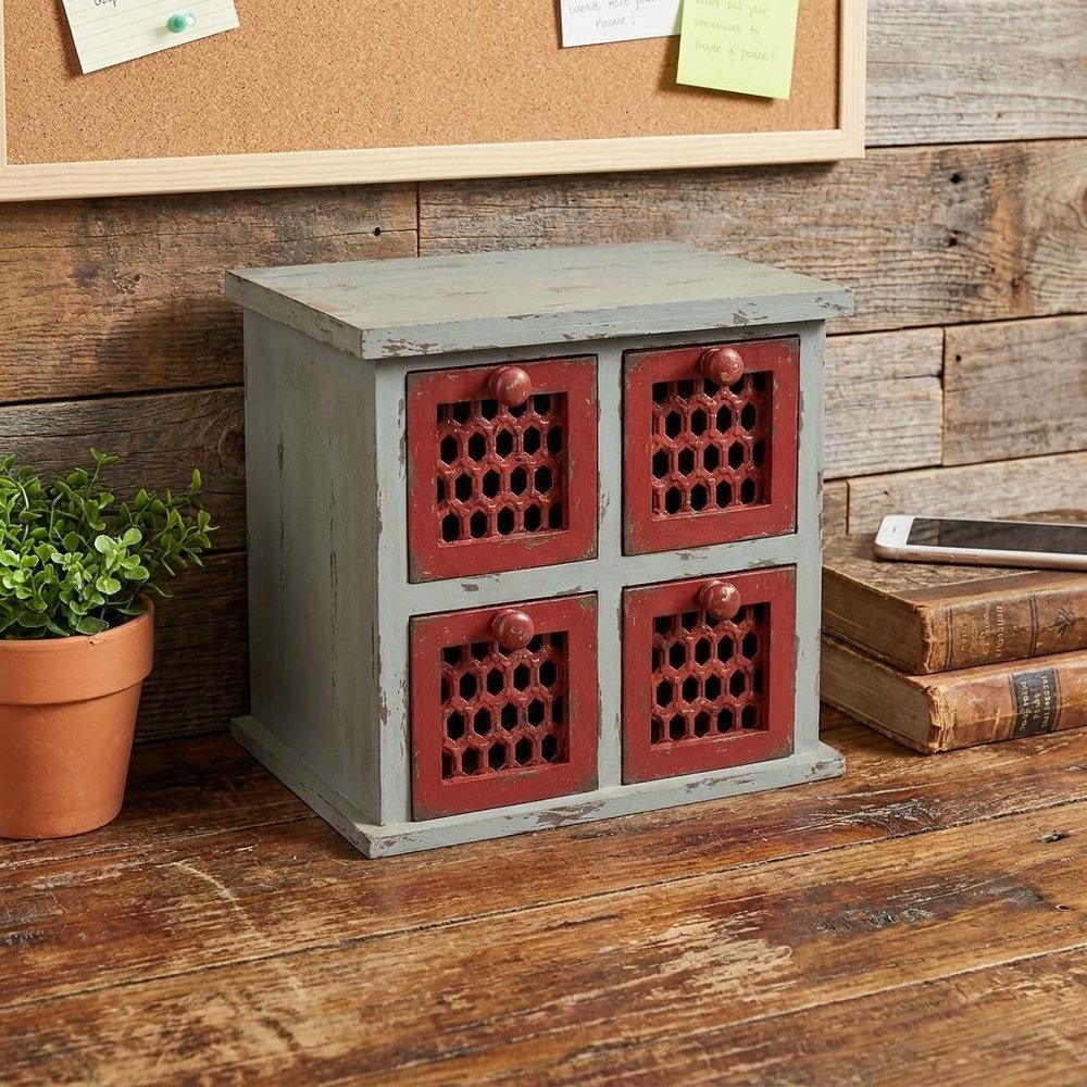 14" Red And White Distressed Wood Four Drawer Desk Organizer HomeRoots