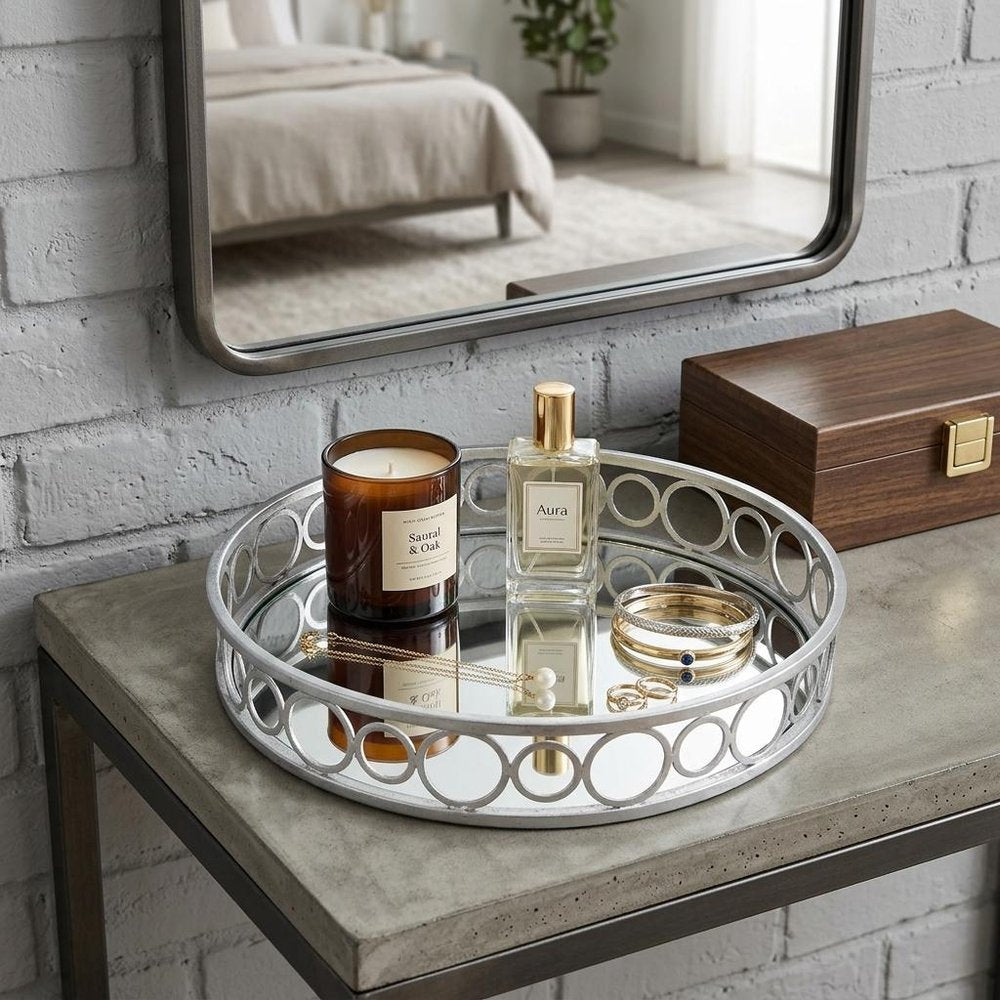 14" Silver Round Metal Geometric Vanity Tray HomeRoots