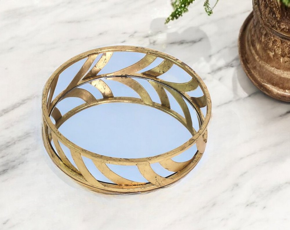 14" Gold Round Metal Geometric Vanity Tray HomeRoots