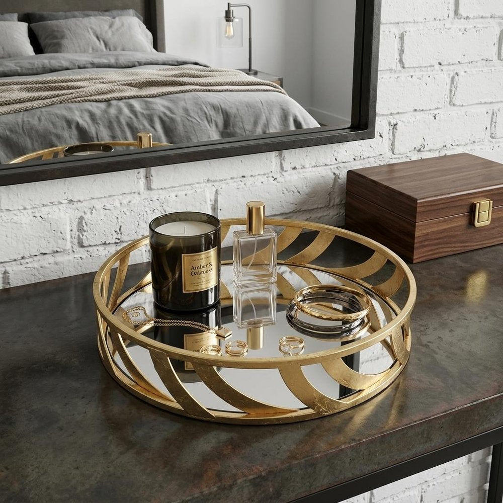 14" Gold Round Metal Geometric Vanity Tray HomeRoots