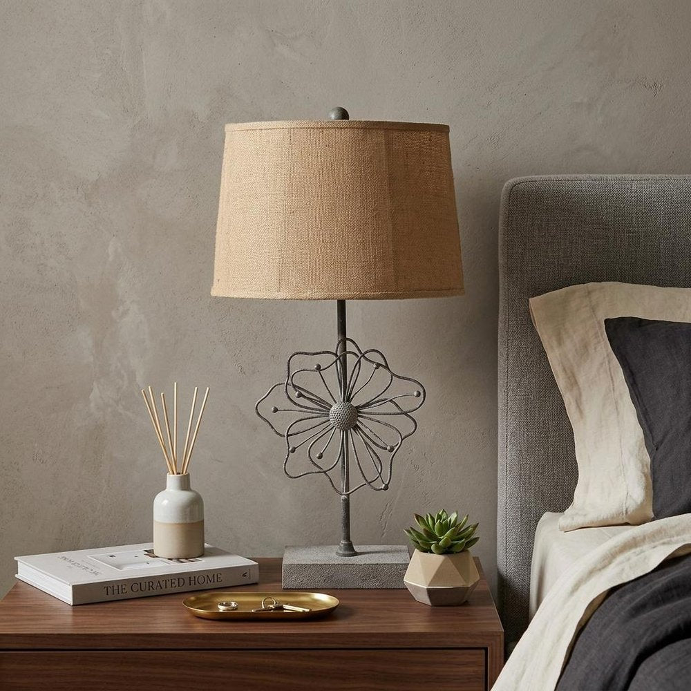 28" Distressed Gray Metal Novelty Bedside Lamp With Khaki Drum Shade HomeRoots