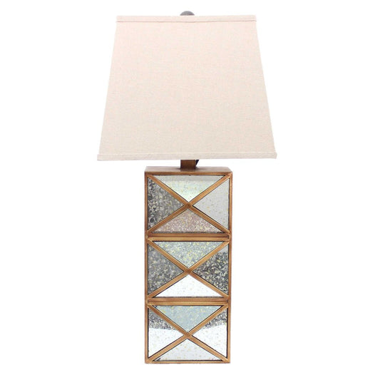 28" Distressed Gold And Silver Metal Bedside Lamp With Beige Shade HomeRoots