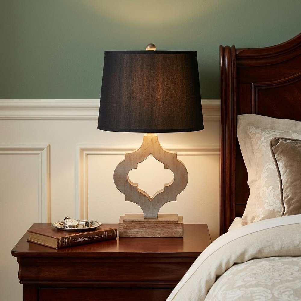 25" Distressed Brown Wood Novelty Bedside Lamp With Black Drum Shade HomeRoots
