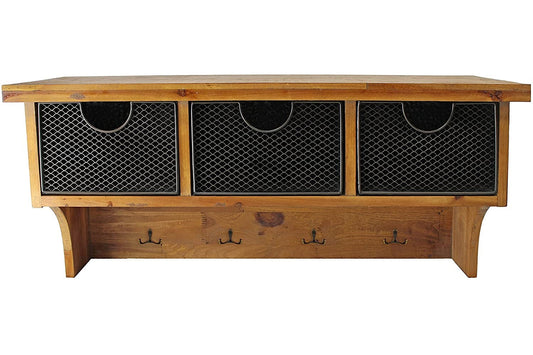 Brown Rustic Wooden Wall Shelf With 3 Drawers And Hooks HomeRoots