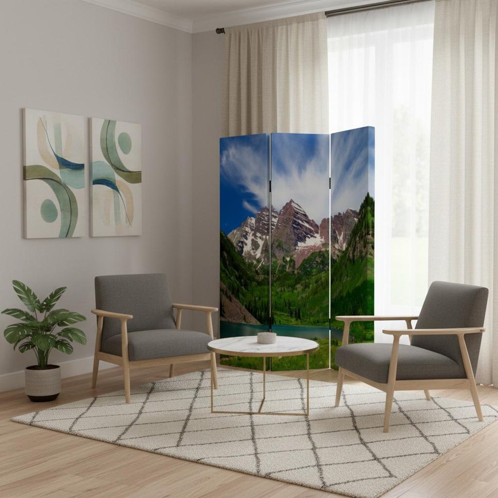 72" Blue And Green Canvas Folding Three Panel Screen Room Divider HomeRoots