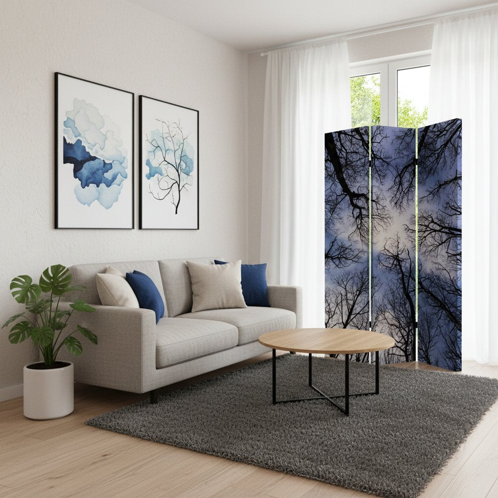 72" Black And Blue Canvas Folding Three Panel Screen Room Divider HomeRoots