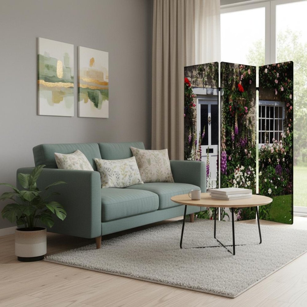 72" Green Canvas Folding Three Panel Screen Room Divider HomeRoots