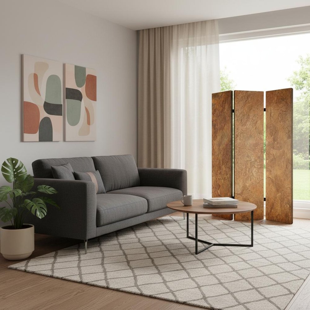 72" Brown Canvas Folding Three Panel Screen Room Divider HomeRoots