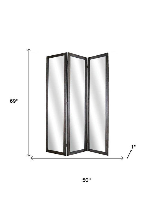 69" Black Wood and Mirrored Glass Folding Three Panel Screen Room Divider HomeRoots