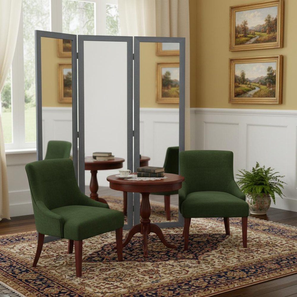 69" Black Wood and Mirrored Glass Folding Three Panel Screen Room Divider HomeRoots