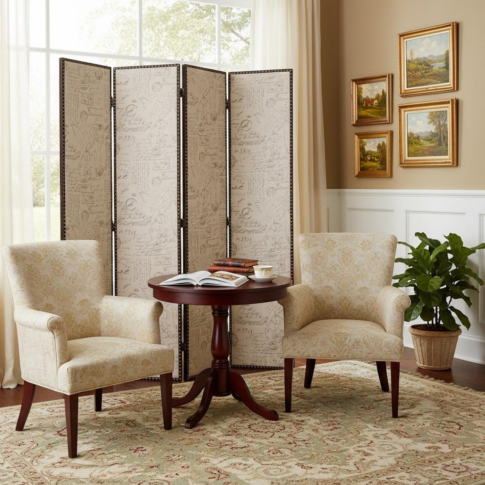 84" Beige Fabric Folding Four Panel Screen Room Divider HomeRoots