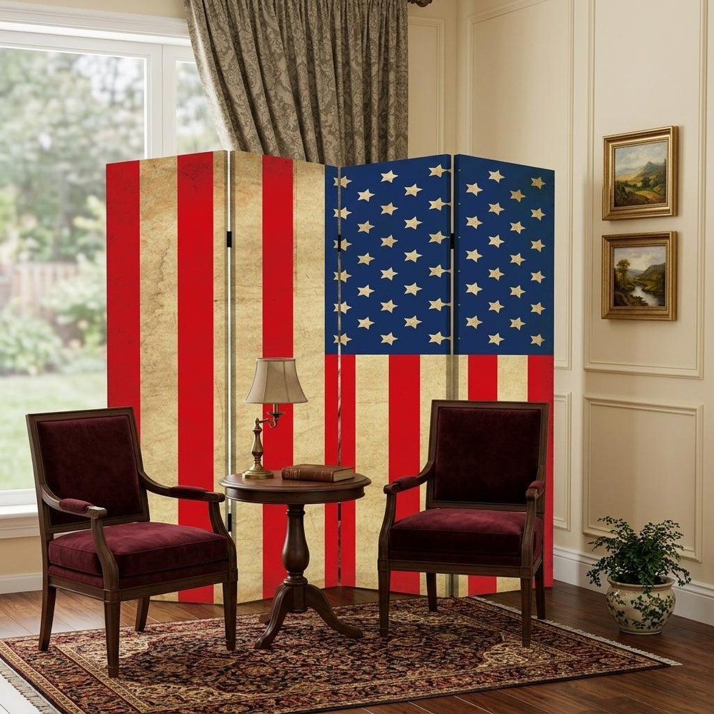 84" Red Natural And Blue American Flag Reversible Canvas Folding Four Panel Room Divider HomeRoots