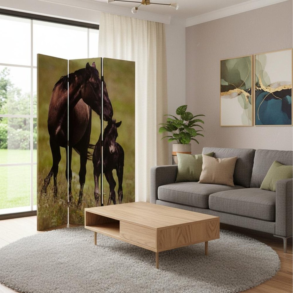 72" Brown Canvas Folding Three Panel Screen Room Divider HomeRoots