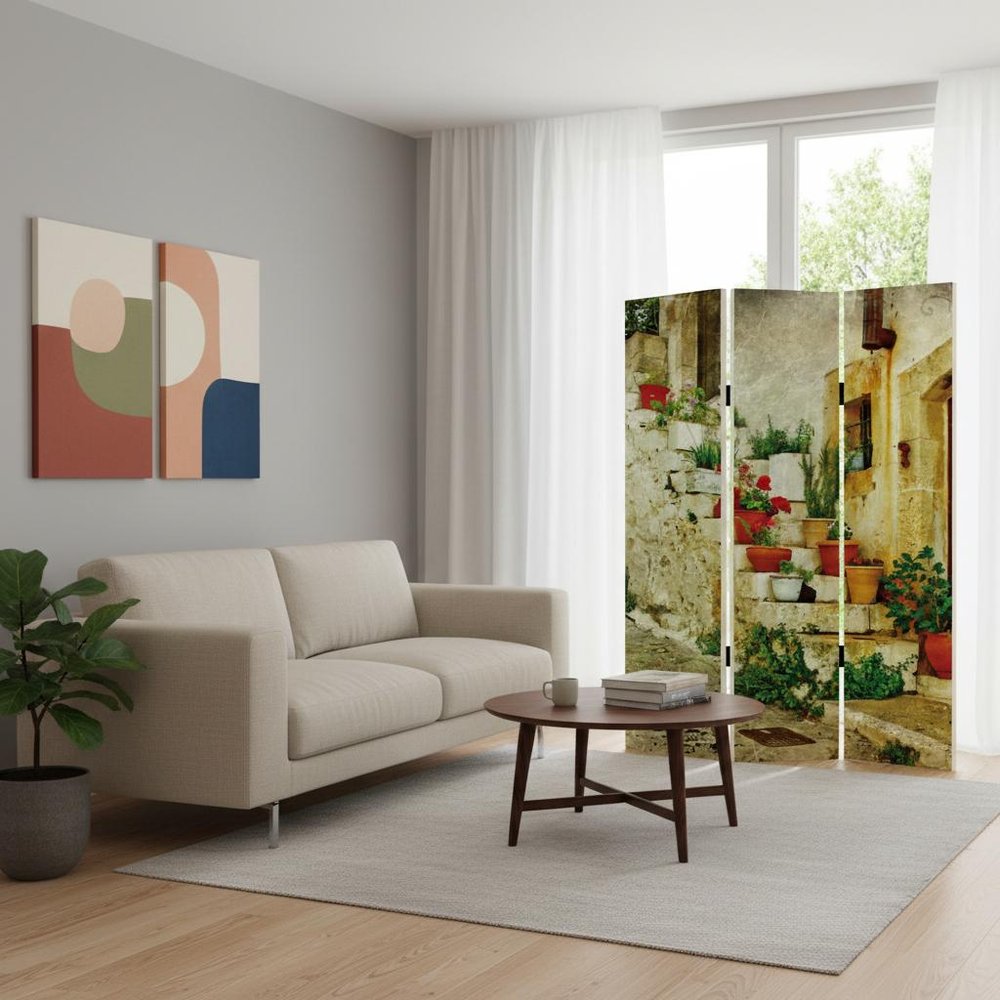 72" Beige Canvas Folding Three Panel Screen Room Divider HomeRoots