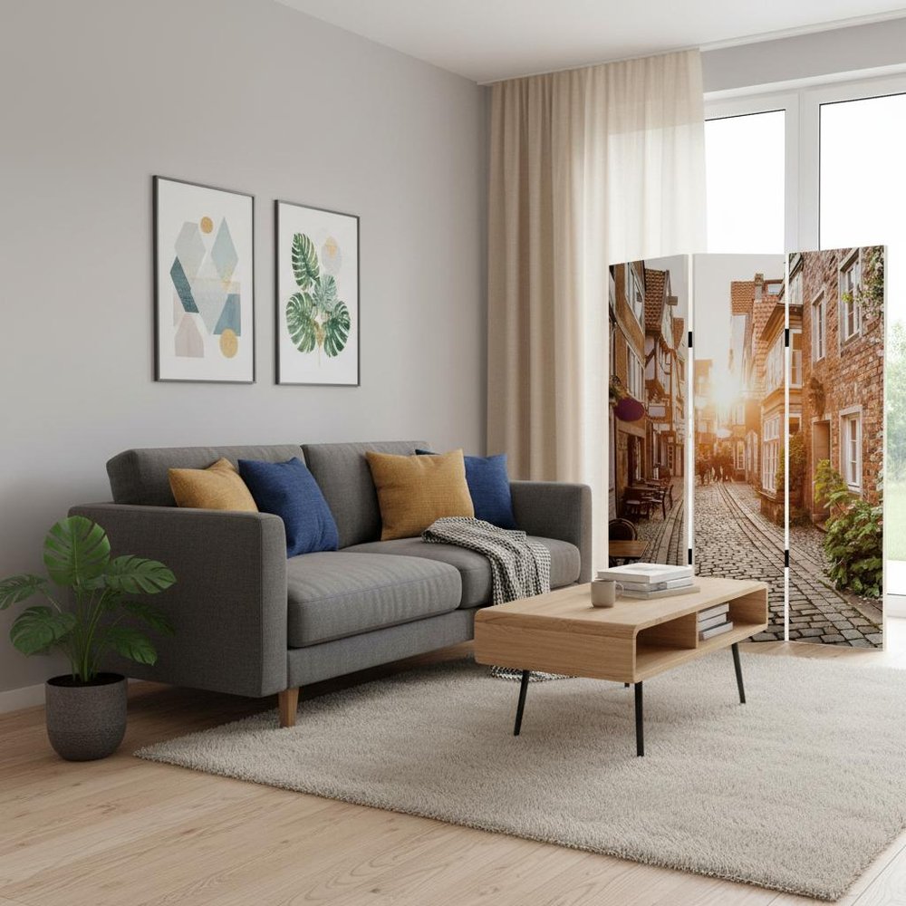 72" Beige Canvas Folding Three Panel Screen Room Divider HomeRoots