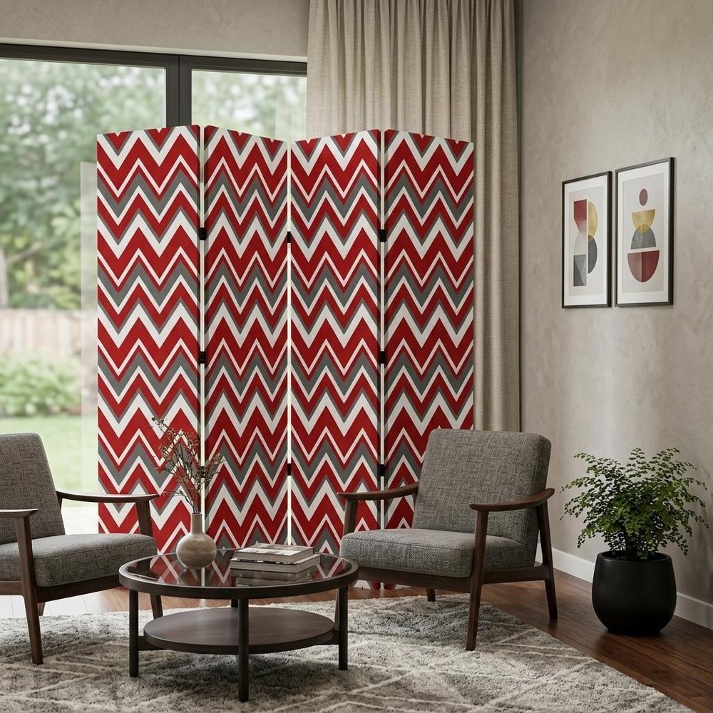 84" Red And Gray Canvas Folding Four Panel Screen Room Divider HomeRoots