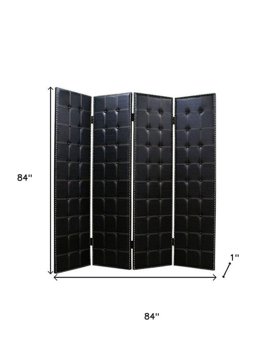 84" Black Faux Leather Folding Four Panel Screen Room Divider HomeRoots