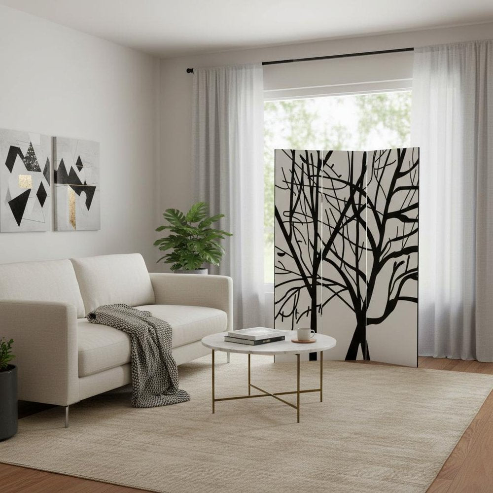 72" Black And White Canvas Folding Three Panel Screen Room Divider HomeRoots