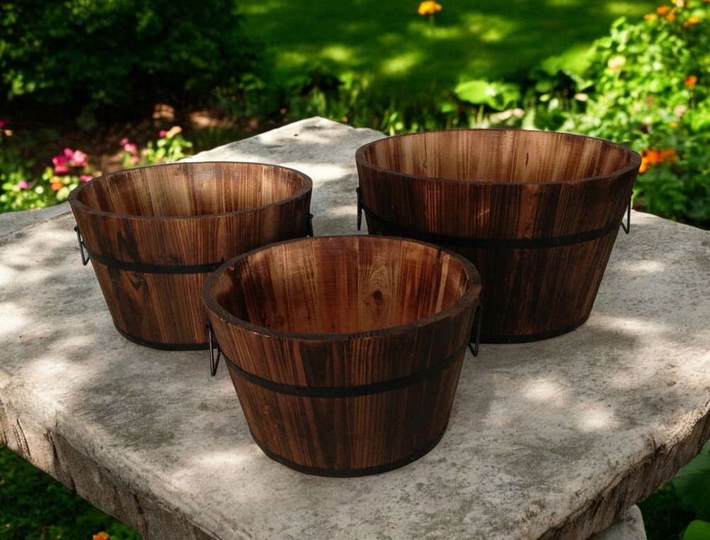 Set of Three Natural Wood Indoor Outdoor Round Pot Planters HomeRoots