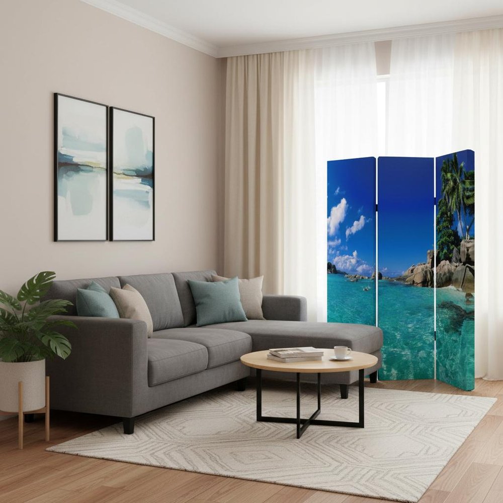 72" Blue And Green Canvas Folding Three Panel Screen Room Divider HomeRoots