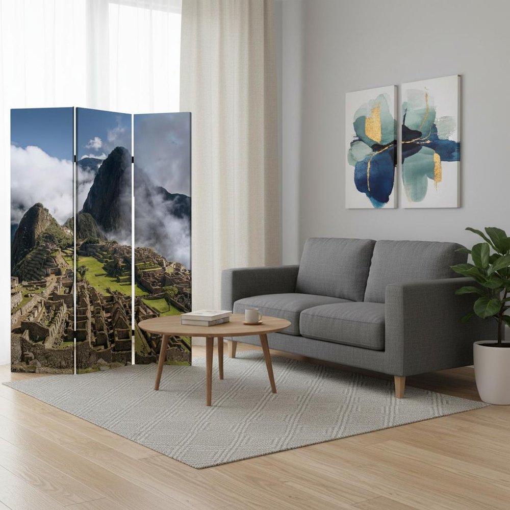 72" Blue And Green Canvas Folding Three Panel Screen Room Divider HomeRoots