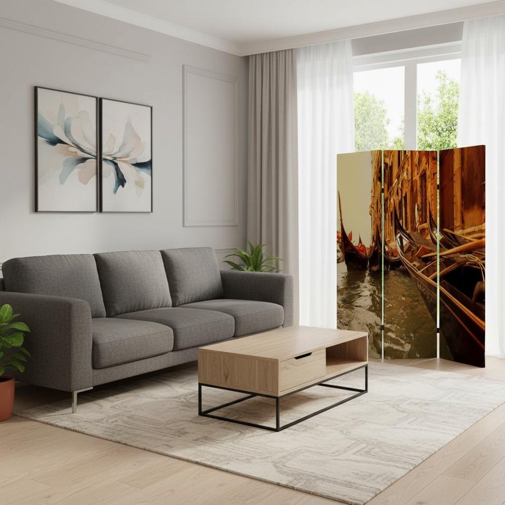 72" Brown Canvas Folding Three Panel Screen Room Divider HomeRoots