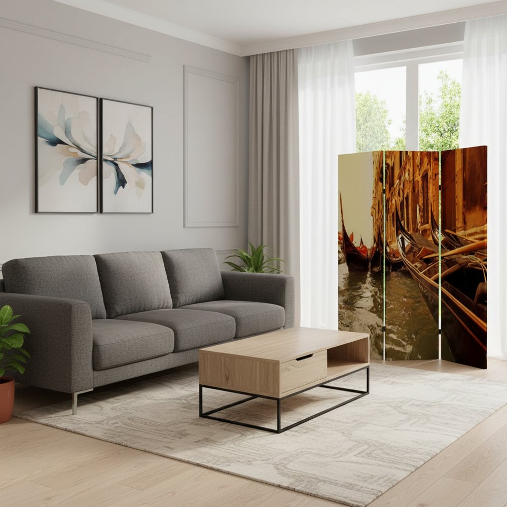 72" Brown Canvas Folding Three Panel Screen Room Divider HomeRoots