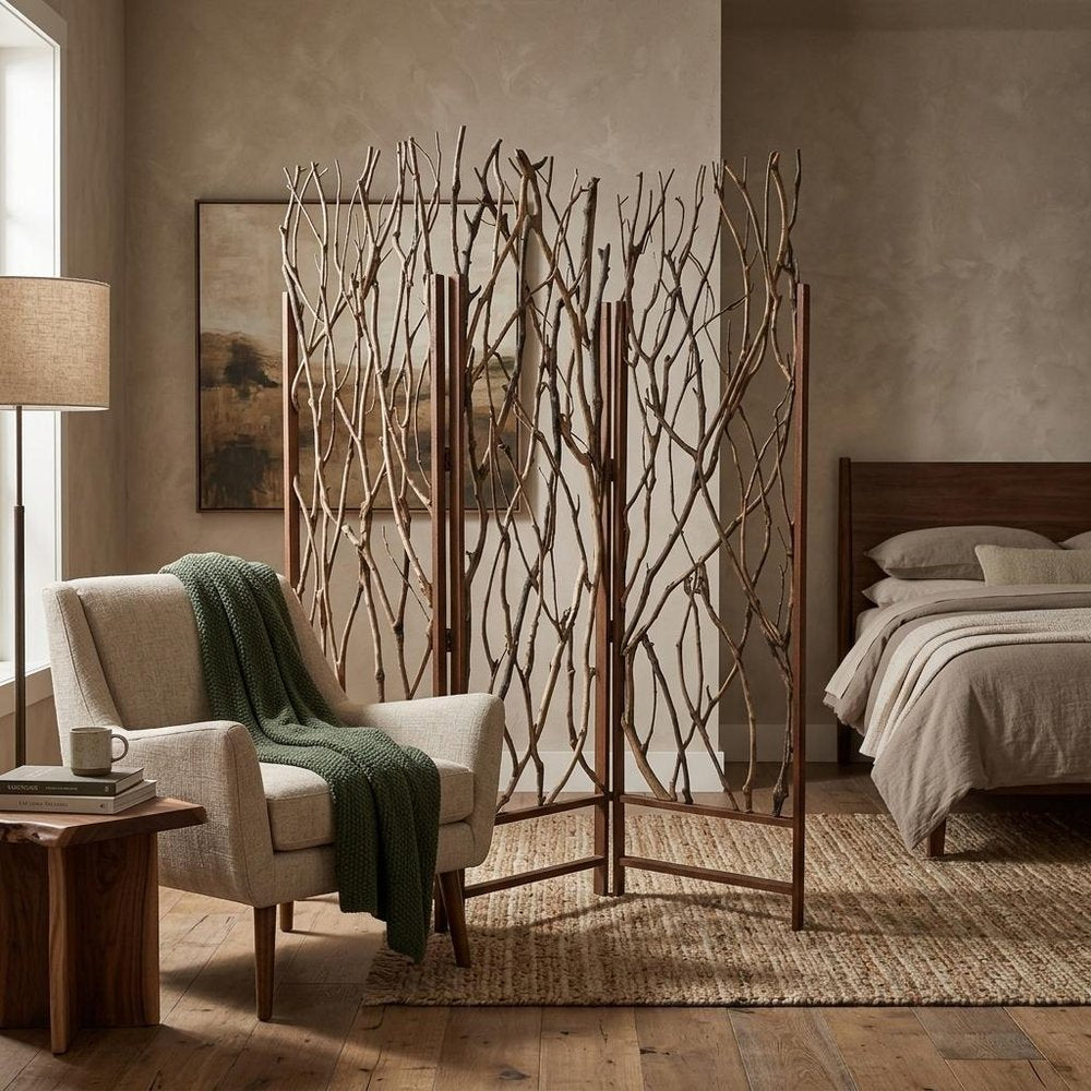 70" Brown Wood Branches Folding Three Panel Screen Room Divider HomeRoots