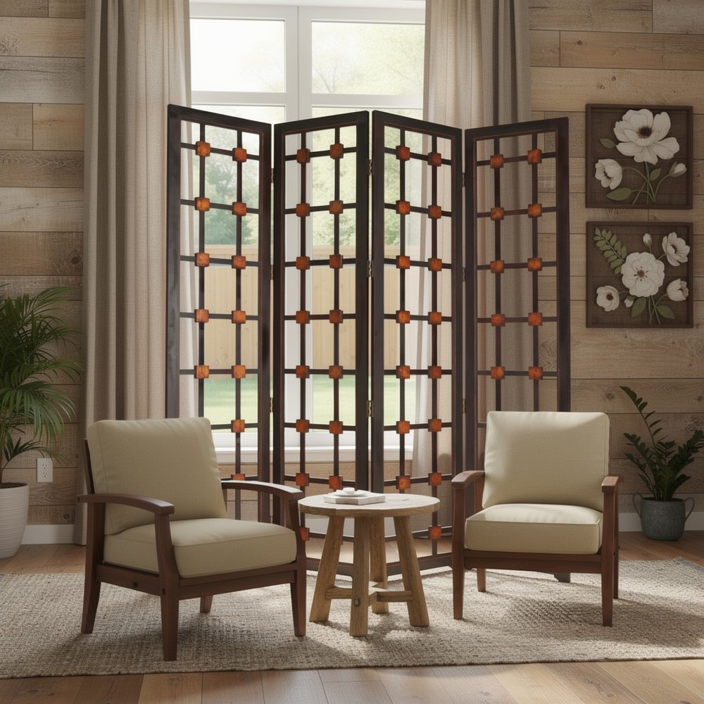 84" Brown Folding Four Panel Screen Room Divider HomeRoots