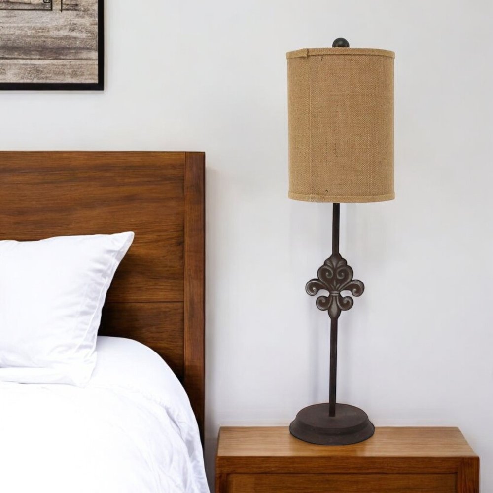 31" Black Fleur de Lis Metal Table Lamp With Natural Burlap Shade HomeRoots