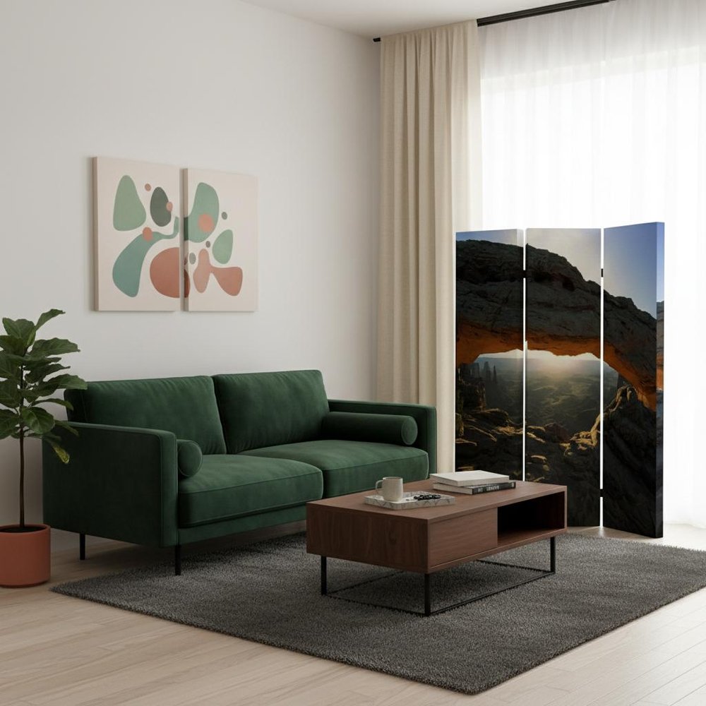 72" Brown Canvas Folding Three Panel Screen Room Divider HomeRoots