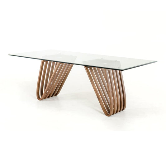 83" Clear And Brown Glass And Solid Wood Double Pedestal Base Dining Table