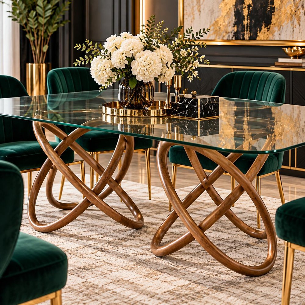 94" Clear And Natural Glass And Solid Wood Pedestal Base Dining Table