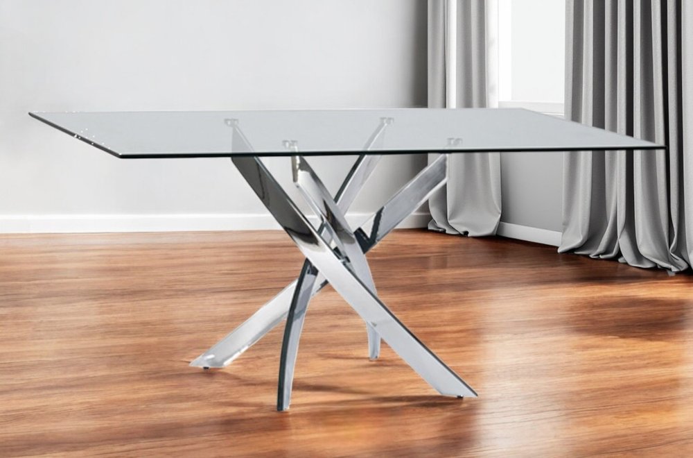63" Clear And Silver Glass And Stainless Steel Pedestal Base Dining Table HomeRoots