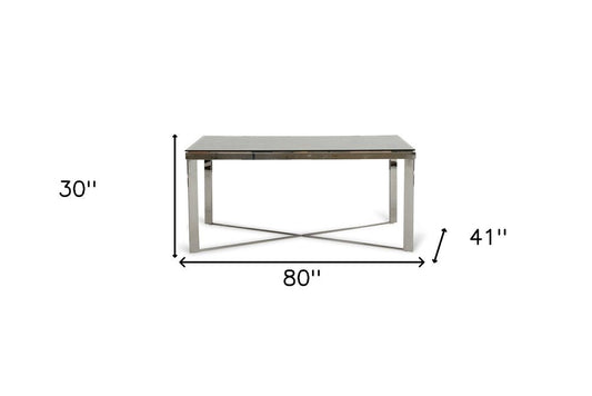 80" Clear And Silver Solid Wood And Stainless Steel Trestle Base Dining Table HomeRoots
