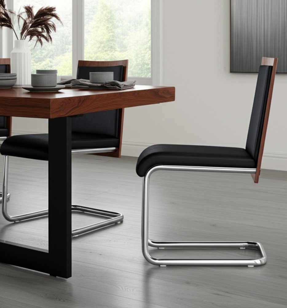 Set of Two Black and Silver Upholstered Faux Leather Dining Parsons Chairs HomeRoots