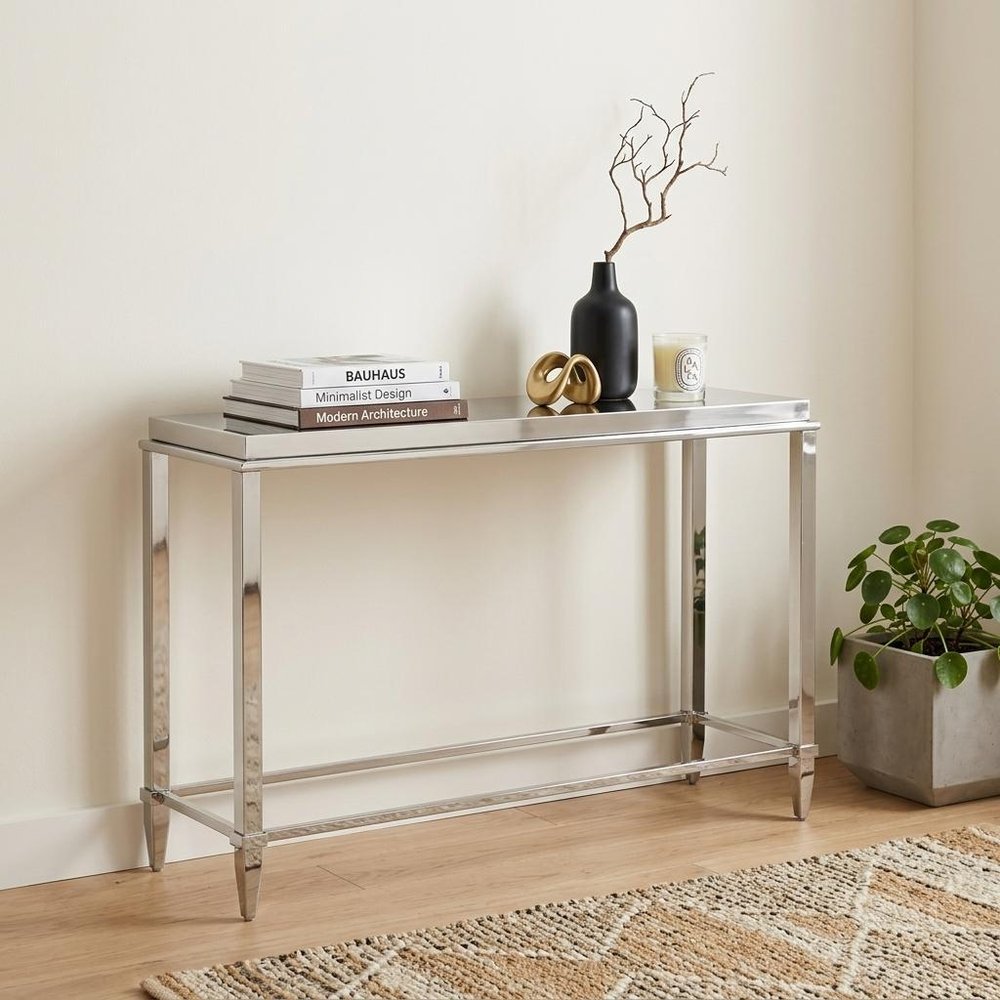 55" Silver Glass and Stainless Steel Frame Console Table HomeRoots
