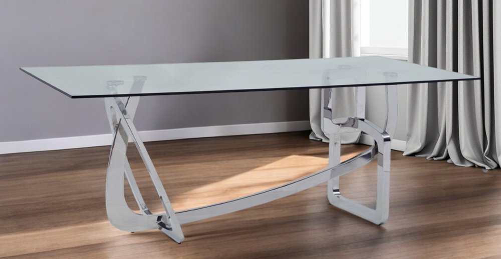 79" Clear And Silver Glass And Stainless Steel Trestle Base Dining Table HomeRoots