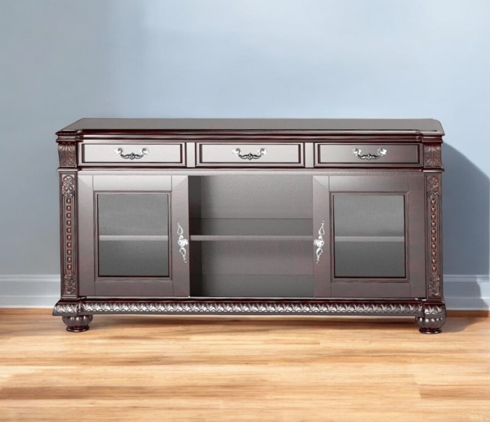 65" Dark Brown Solid Wood Enclosed and Open Storage TV Stand HomeRoots