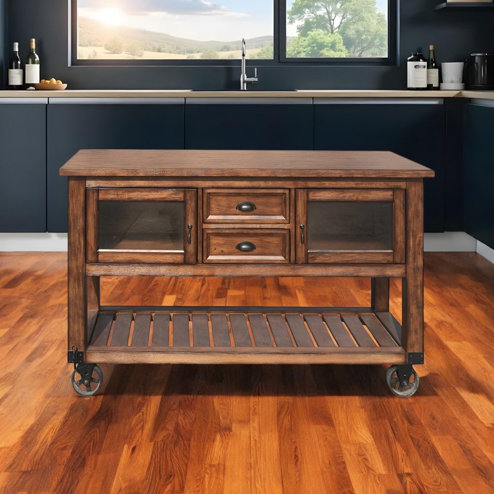 58" Rustic Brown Rolling Kitchen Cart With Storage HomeRoots