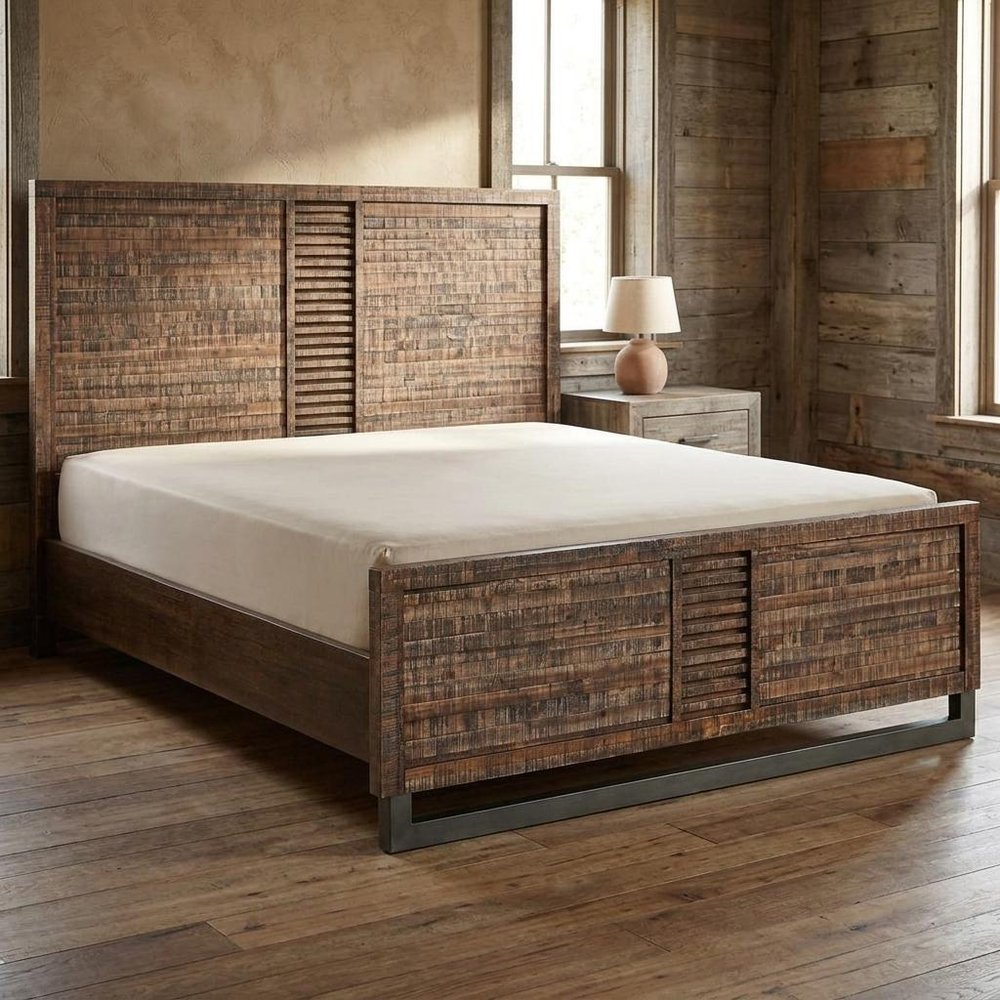 Brown And Black Shiplap Textured Solid Wood Queen Bed Frame HomeRoots
