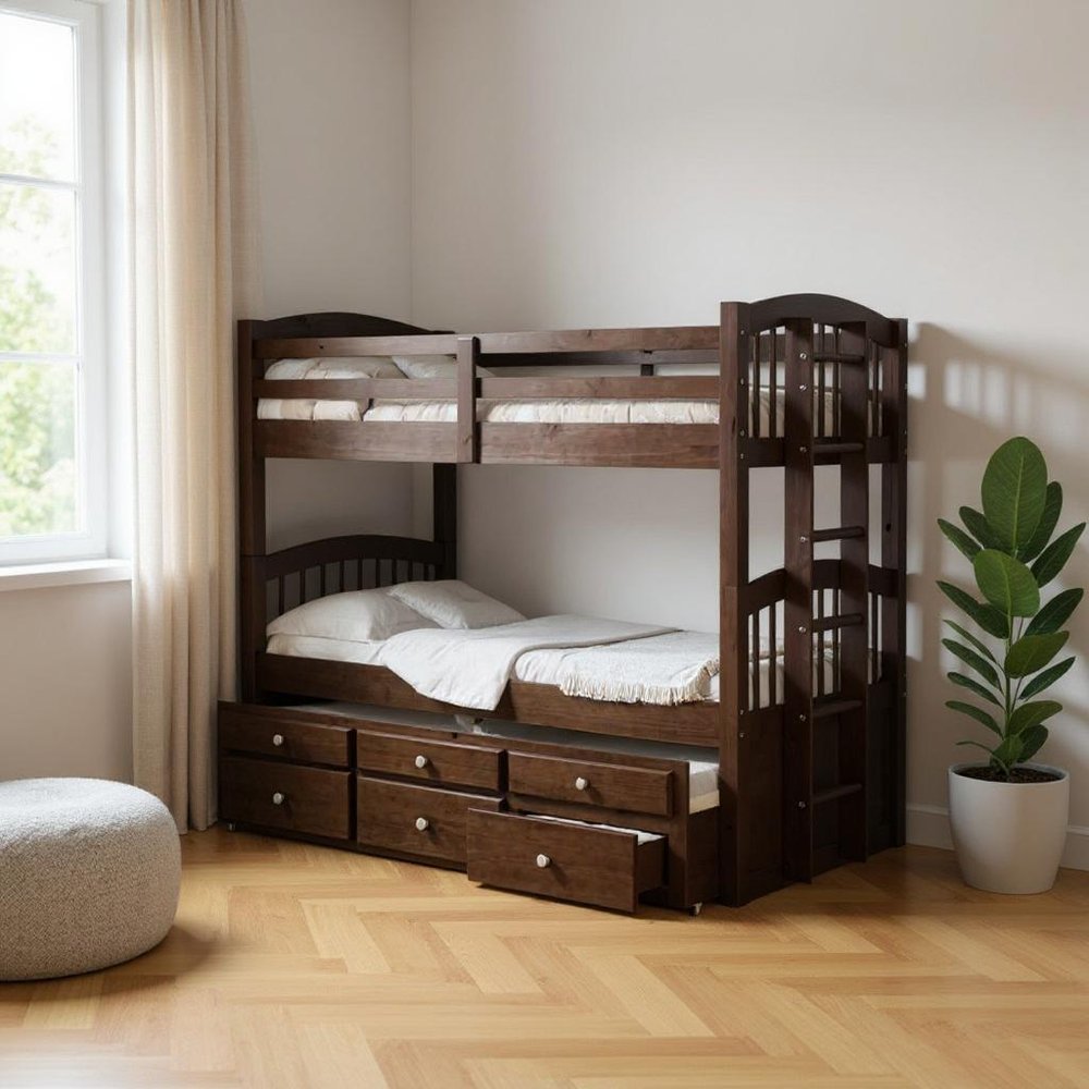 Espresso Twin Over Twin Solid Wood Bunk Bed With Trundle And Storage HomeRoots
