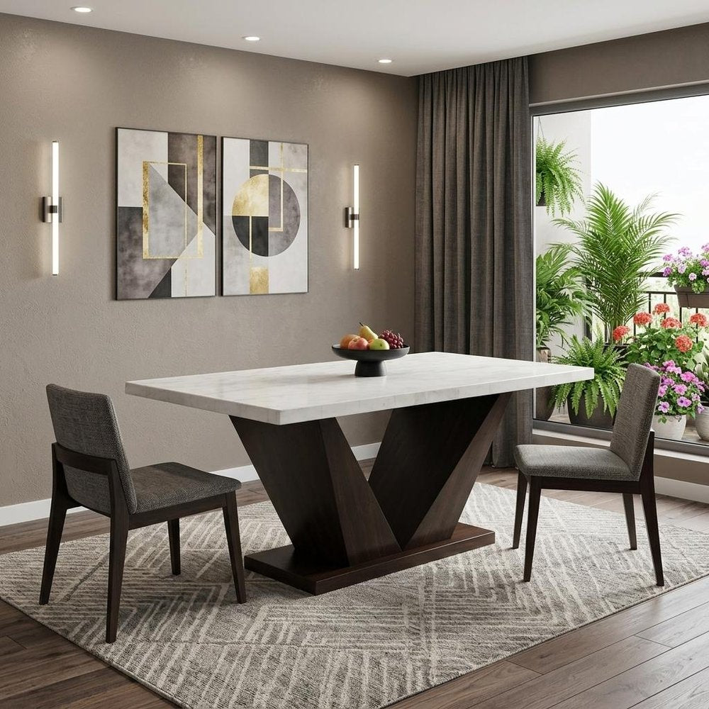 64" White And Dark Brown Marble And Solid Manufactured Wood Pedestal Base Dining Table HomeRoots