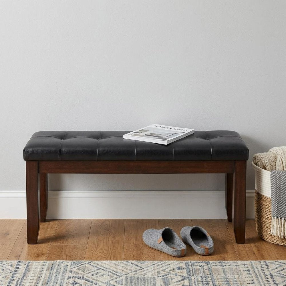 48" Black and Espresso Faux Leather Upholstered Bench HomeRoots