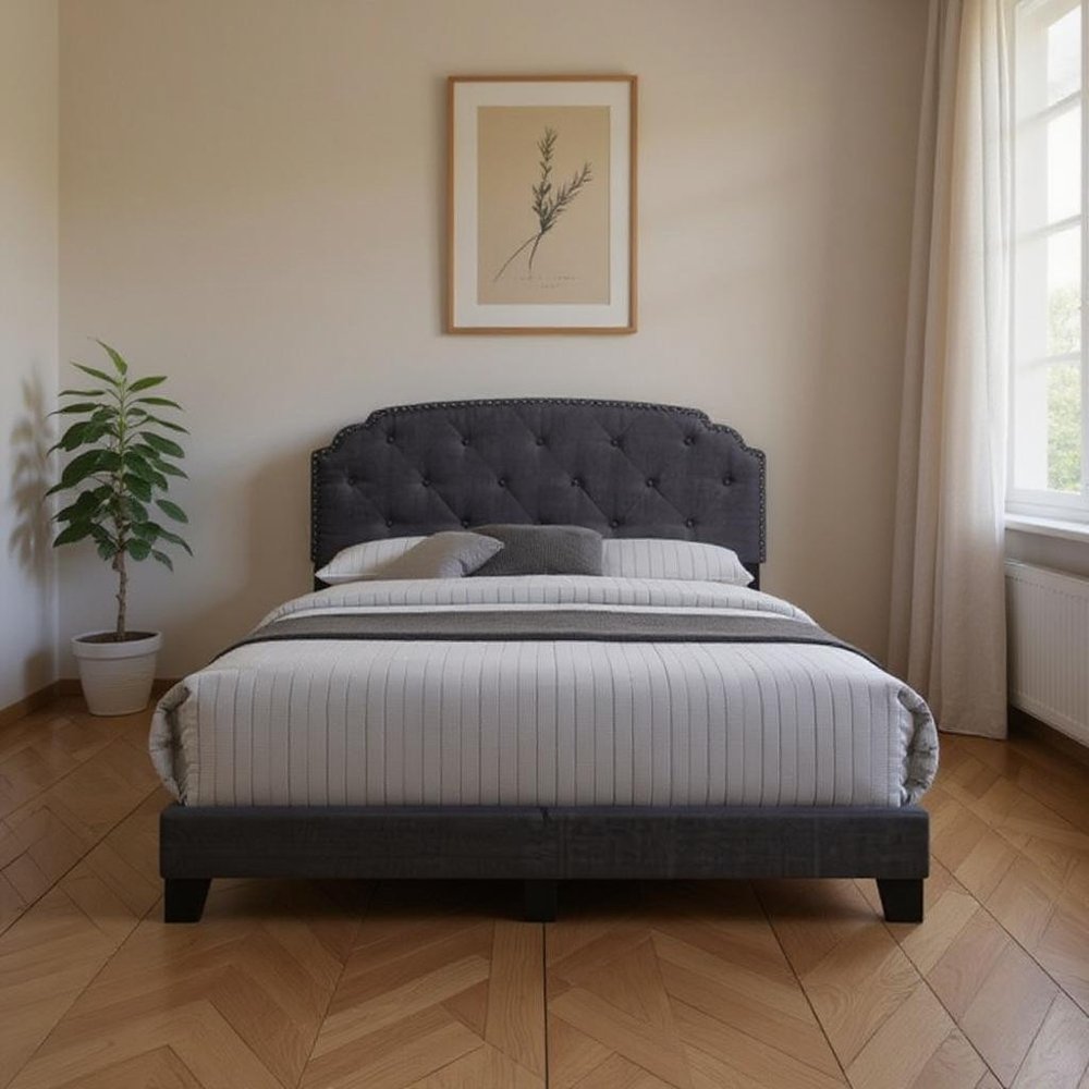Gray Wood And Tufted Linen Queen Bed Frame with Nailhead Trim HomeRoots