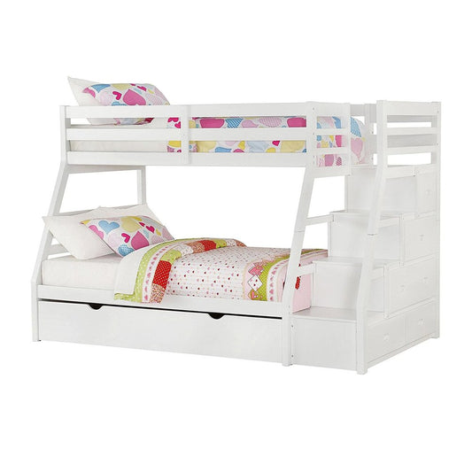 White Twin Over Full Solid Wood Bunk Bed With Stairs And Trundle And Storage HomeRoots