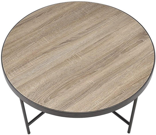 32" Brown and Black Wood And Iron Round Coffee Table