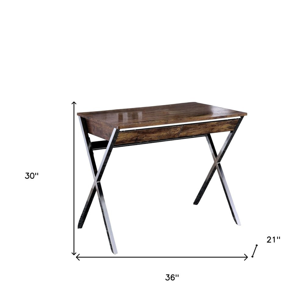 36" Brown and Silver Writing Desk With Two Drawers HomeRoots