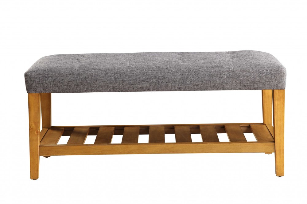 40" Light Gray and Brown Upholstered Polyester Bench with Shelves HomeRoots