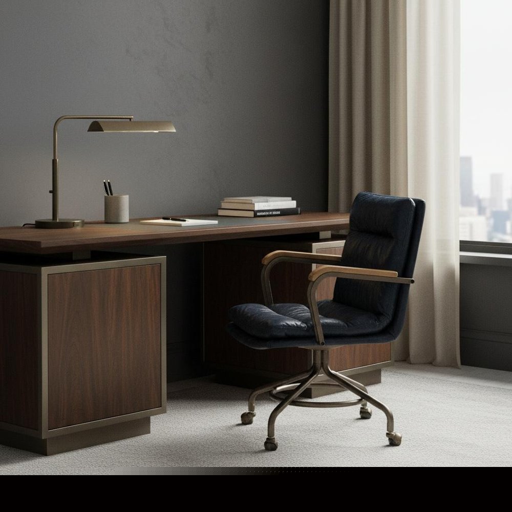 Navy Blue and Dark Brown Adjustable Swivel Leather Rolling Executive Office Chair HomeRoots